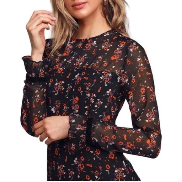 Lulus Dress Floral Black Long Sleeve Mini Sheer Pleated Ruffle A Line Sz M - Picture 2 of 16